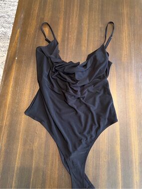 meraki Black Draped Neck Bodysuit with Tie Back